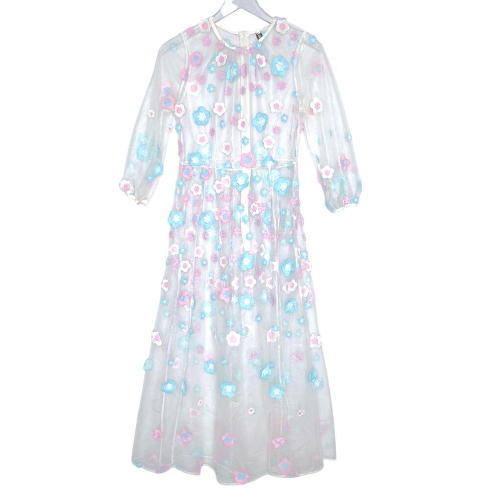 Lovecode S Japanese Kawaii Sheer Floral Midi Dress Tulle Sweet Coquette Overlay